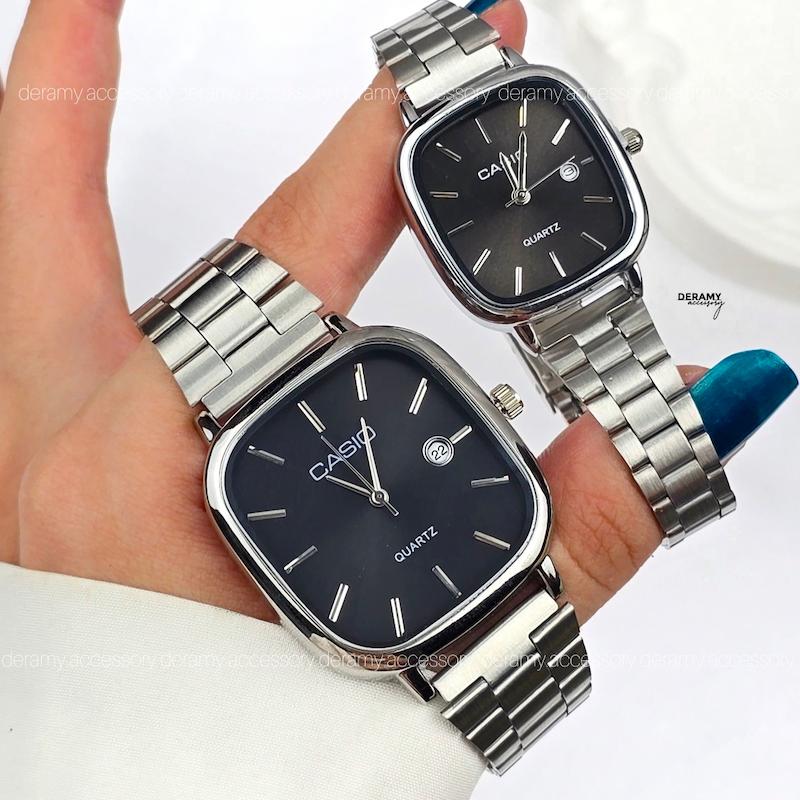 ست /تک | ساعتمچی کاسیو مربعی  سیلور صفحه مشکی  | ساعت مچی اولد مانی casio ست و مردانه 180 -مونتاژ ژاپن--با کیفیت 