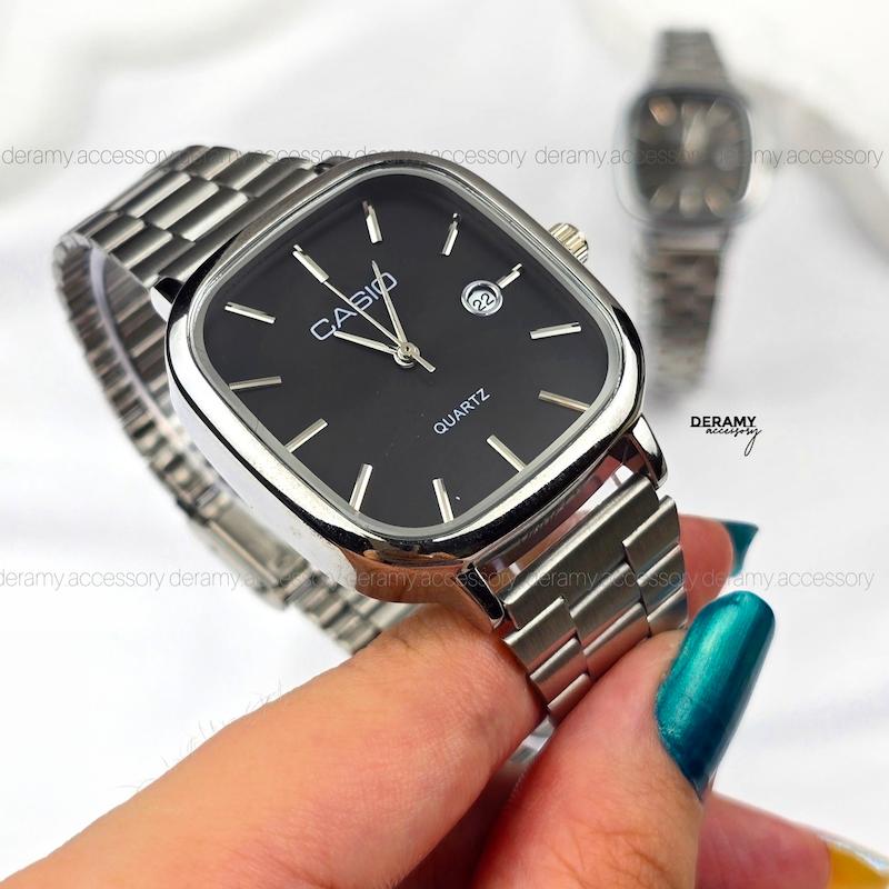 ست /تک | ساعتمچی کاسیو مربعی  سیلور صفحه مشکی  | ساعت مچی اولد مانی casio ست و مردانه 180 -مونتاژ ژاپن--با کیفیت 