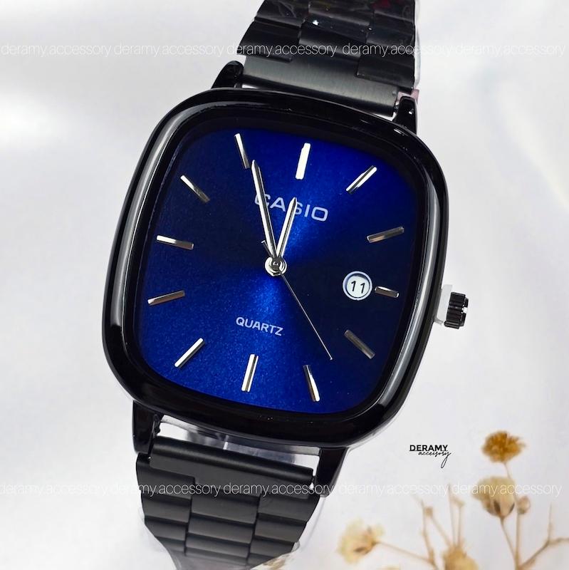 ست /تک | ساعتمچی کاسیو مربعی  مشکی صفحه آبی کاربنی  (میدنایت) | ساعت مچی اولد مانی casio ست و مردانه 180 --۳۷۵-