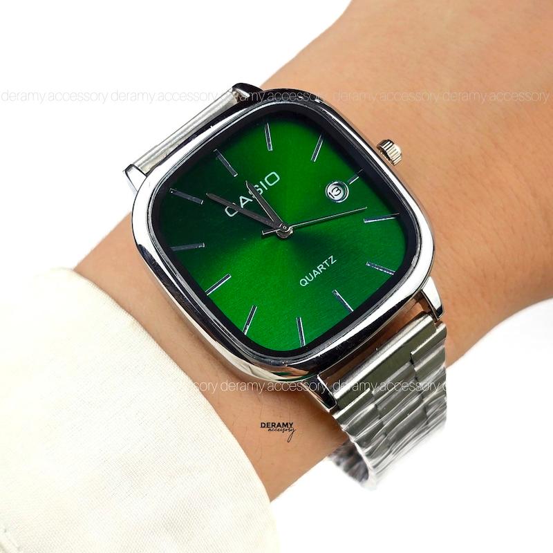 مردانه / ساعتمچی کاسیو مربعی با کیفیت عالی سیلور صفحه سبز درباری | ساعت مچی اولد مانی casio  180 گرید بالا--مونتاژ ژاپن حک شده، کیفیت دار- ویژه ی درامی اکسسوری کد 378 