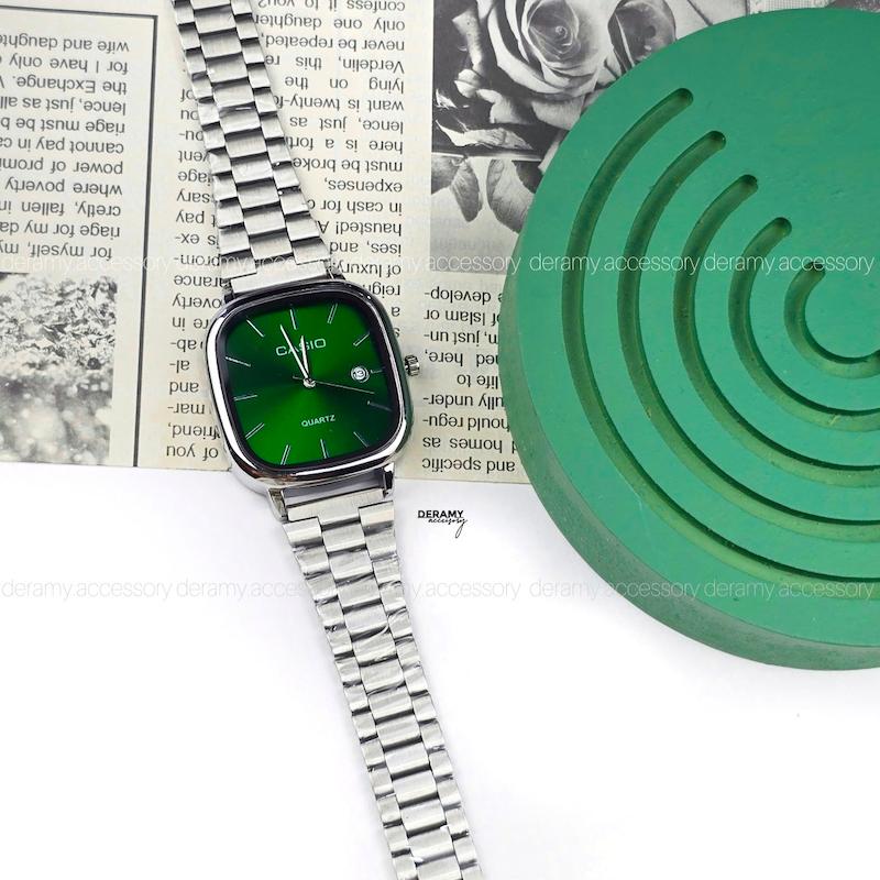 مردانه / ساعتمچی کاسیو مربعی با کیفیت عالی سیلور صفحه سبز درباری | ساعت مچی اولد مانی casio  180 گرید بالا--مونتاژ ژاپن حک شده، کیفیت دار- ویژه ی درامی اکسسوری کد 378 