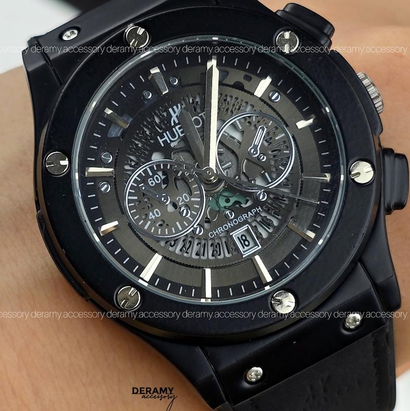 ساعت هابلوت طرح سه موتور تقویم دار مشکی | ساعت کوالیتی مردانه hublot هوبلو کد 388 دارای تقویم کنتوری بیگ بنگ big bang