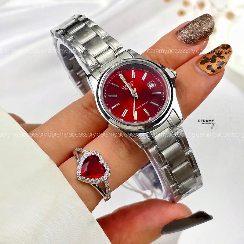 / زنانه / ساعت کاسیو کلاسیک سیلور  صفحه قرمز (چری) | ساعت زنانه  casio  کلاسیک 393