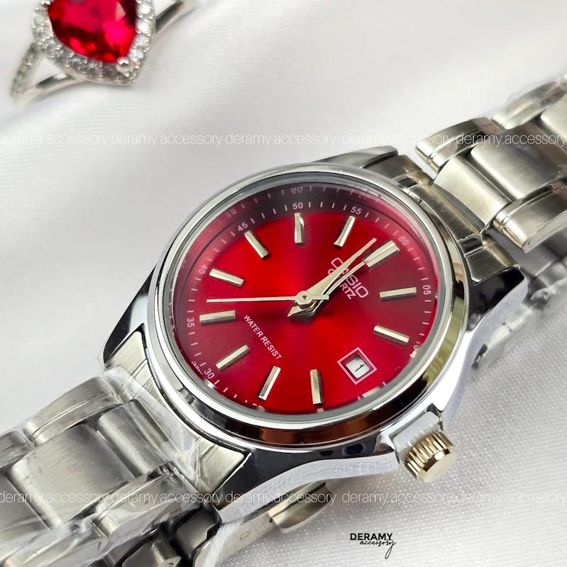 / زنانه / ساعت کاسیو کلاسیک سیلور  صفحه قرمز (چری) | ساعت زنانه  casio  کلاسیک 393