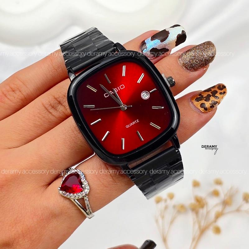 ست /تک | ساعتمچی کاسیو مربعی  مشکی صفحه قرمز  (چری) | ساعت مچی اولد مانی casio ست و تک 180 --397
