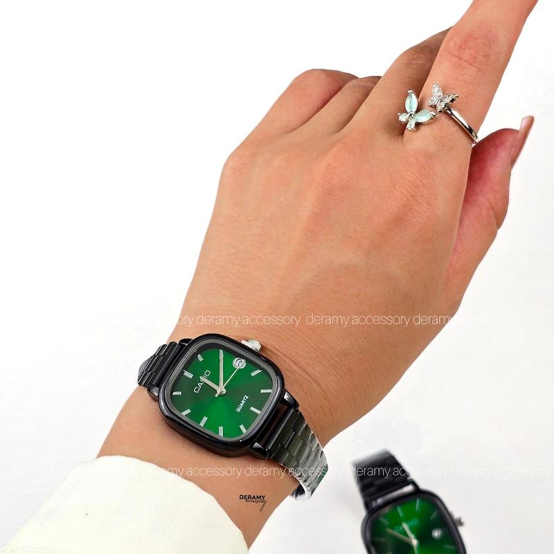 ست / زنانه / مردانه ساعتمچی کاسیو مشکی صفحه سبز  ترند مربعی| ساعت مچی اولد مانی casio زنانه مردانه  ست 180 - مربع 436 