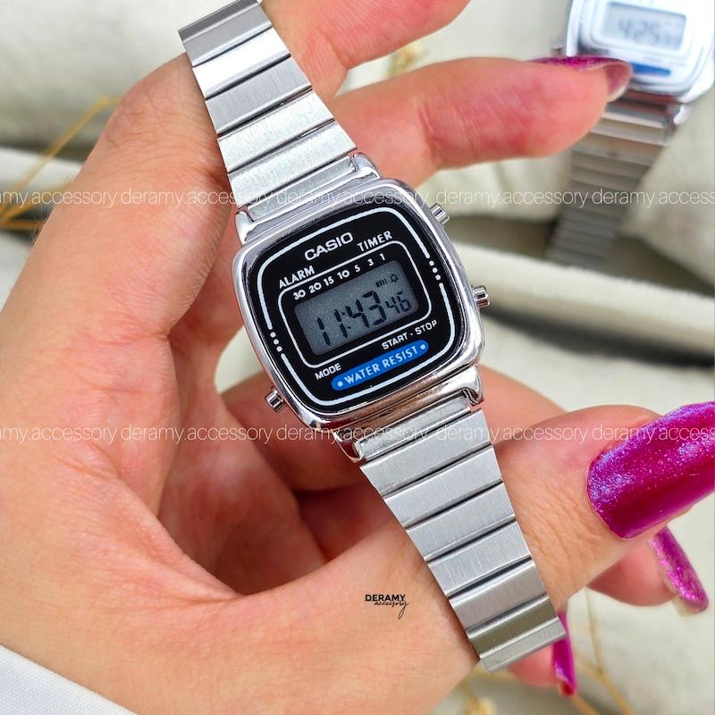 ساعت کاسیو نوستالژی سیلور بند کرکره ای 338 سیلور قاب مشکی | ساعت مچی زنانه casio  292--موتور با کیفیت فول امکانات  [ اف ویژه درامی اکسسوری] 