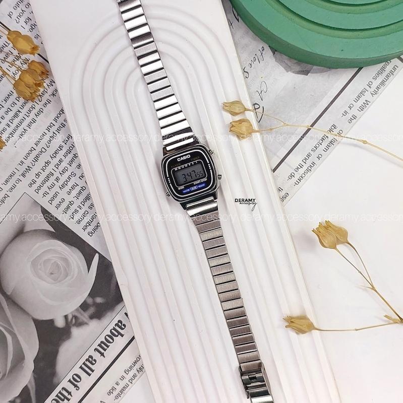 ساعت کاسیو نوستالژی سیلور بند کرکره ای 338 سیلور قاب مشکی | ساعت مچی زنانه casio  292--موتور با کیفیت فول امکانات  [ اف ویژه درامی اکسسوری] 