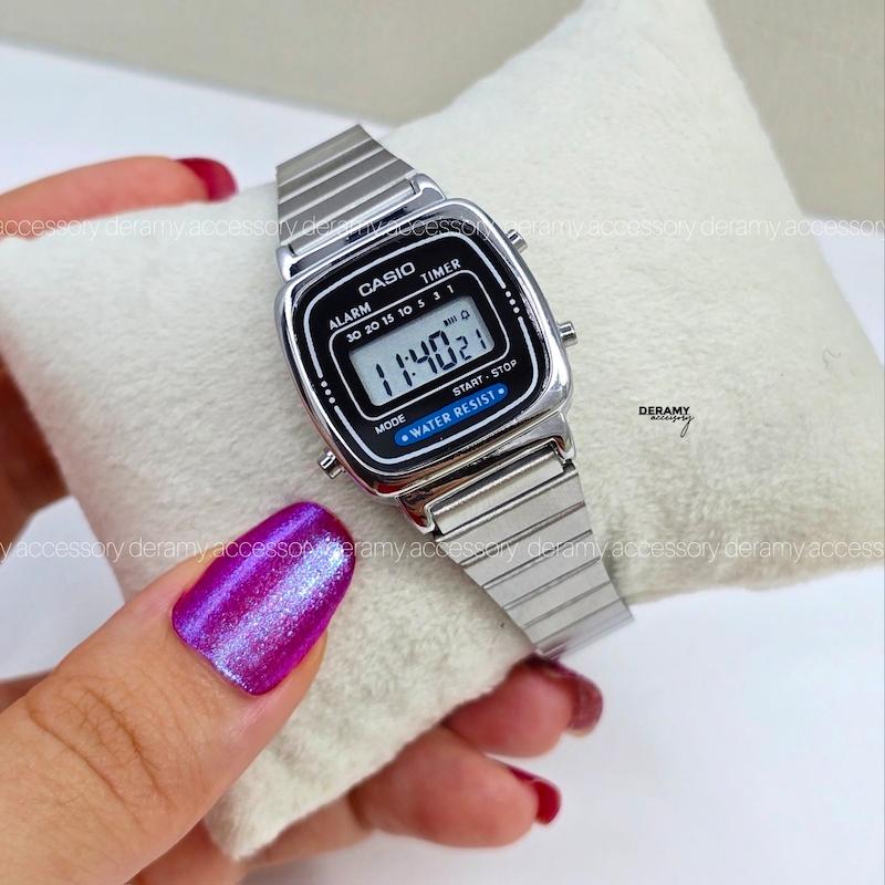 ساعت کاسیو نوستالژی سیلور بند کرکره ای 338 سیلور قاب مشکی | ساعت مچی زنانه casio  292--موتور با کیفیت فول امکانات  [ اف ویژه درامی اکسسوری] 