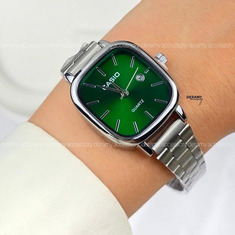  / زنانه / ساعتمچی کاسیو سیلور صفحه سبز درباری ترند مربعی| ساعت مچی اولد مانی casio زنانه  504 ---با کیفیت-