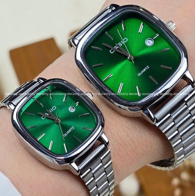 ست / تک زنانه / تک مردانه |ساعتمچی کاسیو سیلور صفحه  (سبز)  ترند مربعی| ساعت مچی اولد مانی casio زنانه مردانه  ست مربع 514 ویژه درامی اکسسوری -