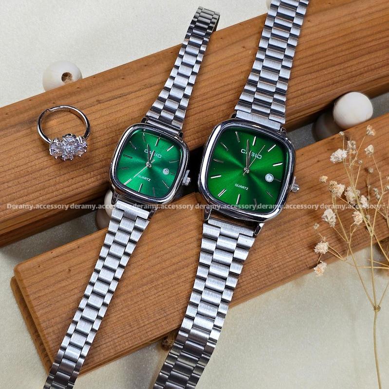 ست / تک زنانه / تک مردانه |ساعتمچی کاسیو سیلور صفحه  (سبز)  ترند مربعی| ساعت مچی اولد مانی casio زنانه مردانه  ست مربع 514 ویژه درامی اکسسوری -