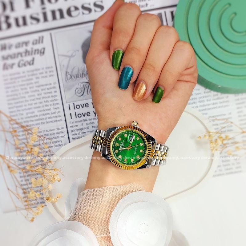 ساعت مچی رولکس سیلورطلایی صفحه سبز درباری مناسب خانم ها| ساعتمچی زنانه rolex سایز مناسب خانم ها کوچک  526 تخفیف ویژه درامی