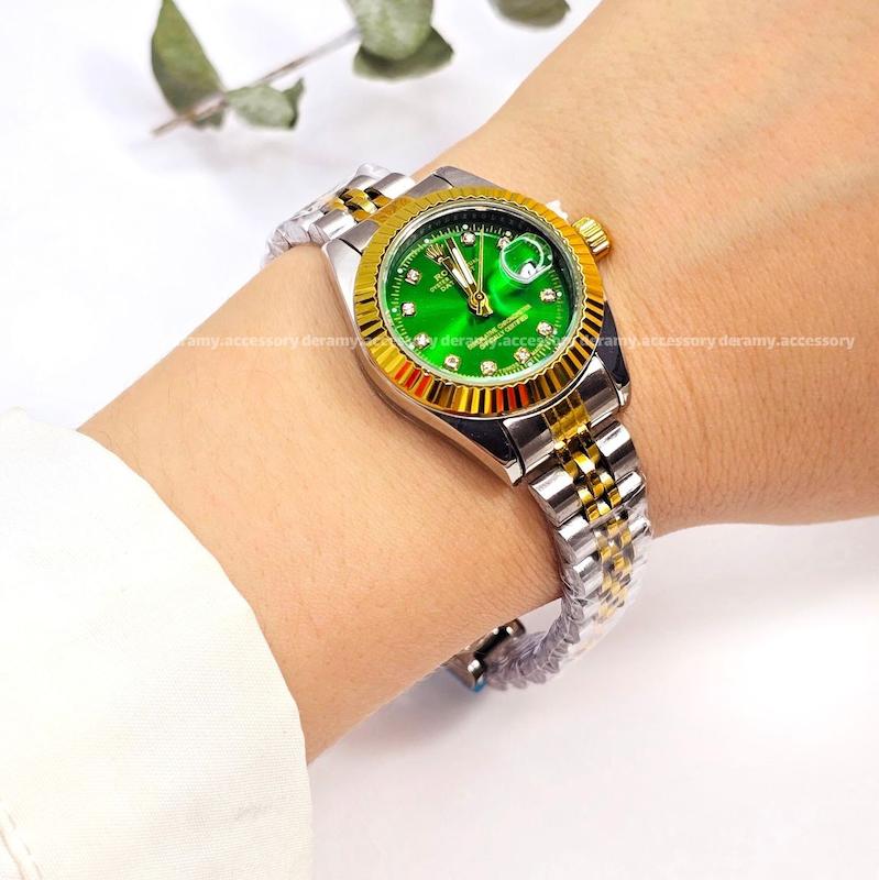 ساعت مچی رولکس سیلورطلایی صفحه سبز درباری مناسب خانم ها| ساعتمچی زنانه rolex سایز مناسب خانم ها کوچک  526 تخفیف ویژه درامی