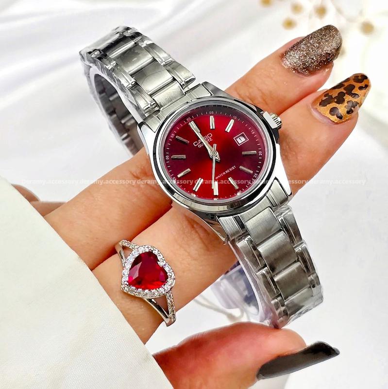 ساعت مچی کاسیو سیلور صفحه قرمز پر رنگ (زرشکی چری)  مناسب خانم ها| ساعتمچی زنانه casio سایز مناسب خانم ها کوچک  ۵۳۶ تخفیف ویژه درامی-