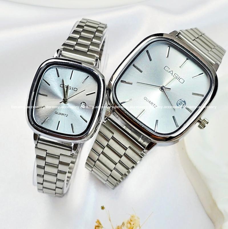 ست /تک زنانه / تک مردانه | ساعتمچی کاسیو مربعی  سیلور صفحه سفید سیلور | ساعت مچی اولد مانی casio ست و تک 538-