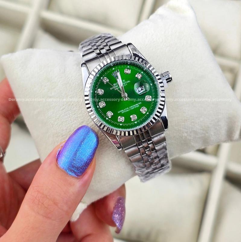 ساعت مچی رولکس سیلور صفحه سبز درباری مناسب خانم ها| ساعتمچی زنانه rolex سایز مناسب خانم ها کوچک  539 تخفیف ویژه درامی-