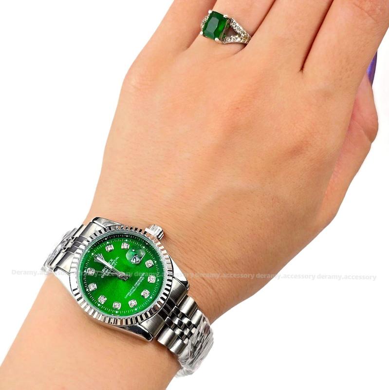 ساعت مچی رولکس سیلور صفحه سبز درباری مناسب خانم ها| ساعتمچی زنانه rolex سایز مناسب خانم ها کوچک  539 تخفیف ویژه درامی-