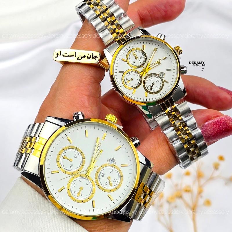 ست ساعت مچی سیتیزن وی ای پی با کیفیت شیشه مقعر  سیلورطلایی صفحه سیلور  (سفید) بند رولکسی ضد حساسیت | ساعتمچی  زنانه مردانه  citizen vip طرح کوکو 549