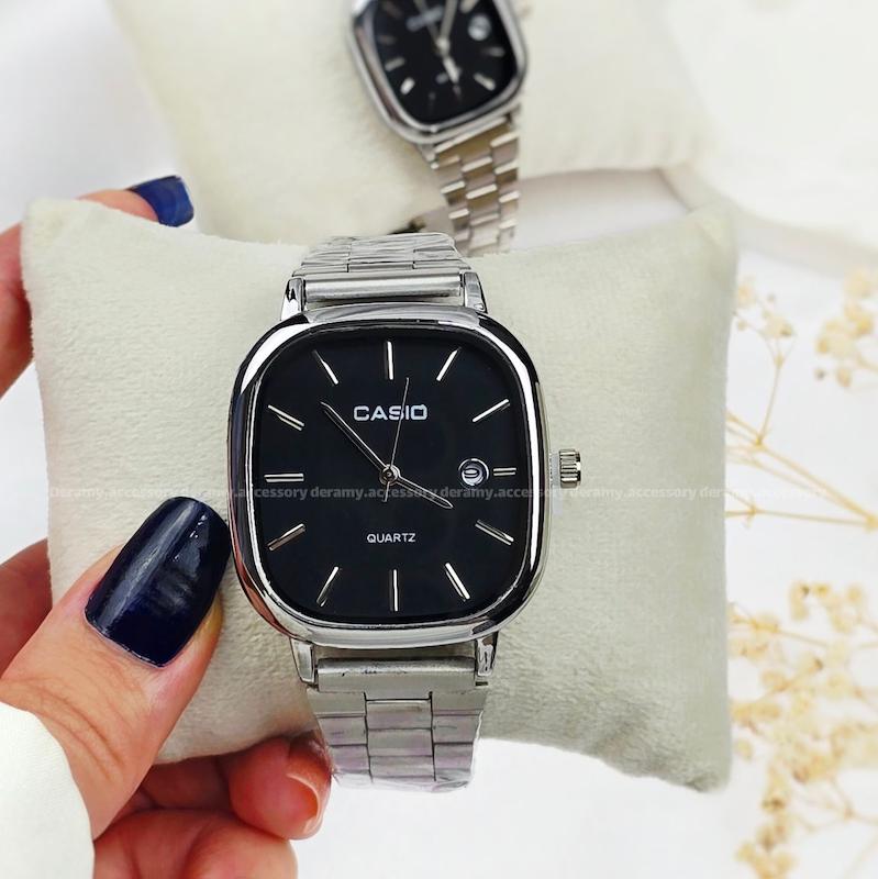 ست /تک زنانه / تک مردانه | ساعتمچی کاسیو مربعی  سیلور صفحه مشکی  | ساعت مچی اولد مانی casio ست و تک 553
