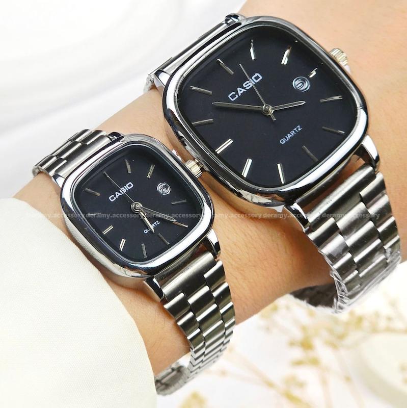 ست /تک زنانه / تک مردانه | ساعتمچی کاسیو مربعی  سیلور صفحه مشکی  | ساعت مچی اولد مانی casio ست و تک 553