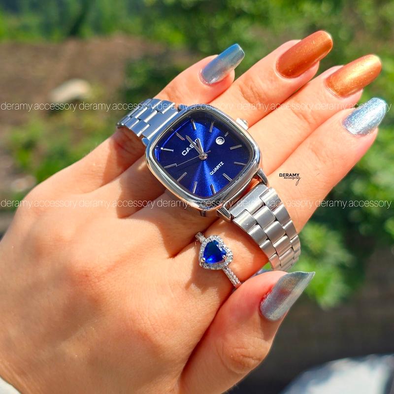  / زنانه / ساعتمچی کاسیو سیلور صفحه آبی درباری ترند مربعی| ساعت مچی اولد مانی میدنایت casio زنانه  180 - مربع -ضد حساسیت 554