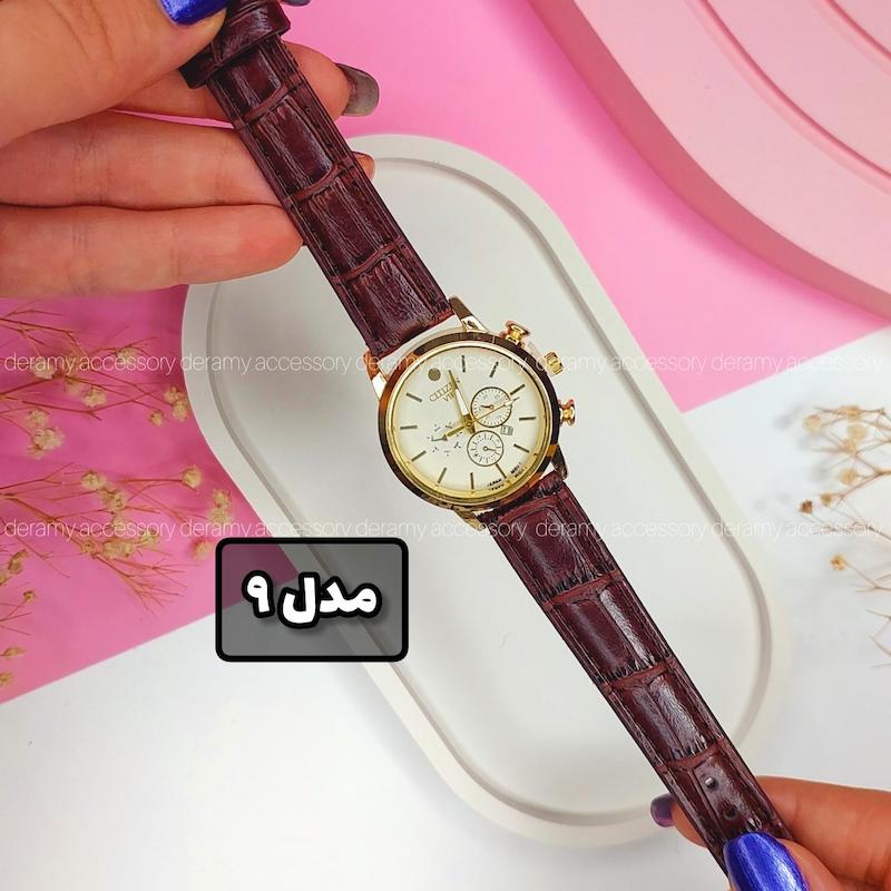 9 مدل 199 ت ساعت مچی چرمی زنانه سیتیزن vip روز شمار دار | ساعت زنانه طرح سه موتور citizen کد 139
