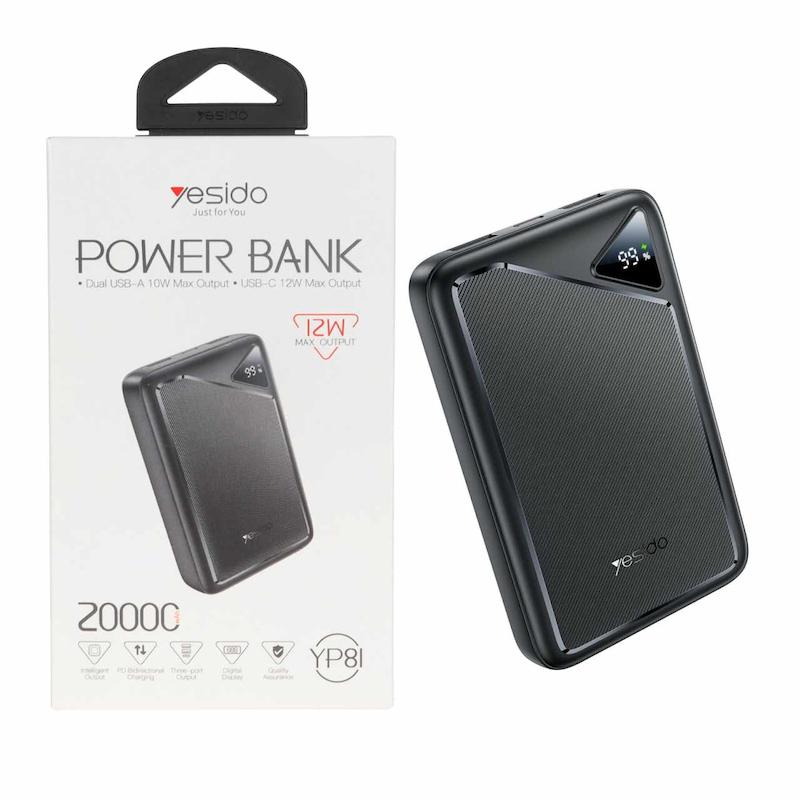 پاوربانک فست شارژ Yesido 20000mAh مدل YP8I 12W - مشکی (گارانتی 18 ماه تعویض نیکان همراه)