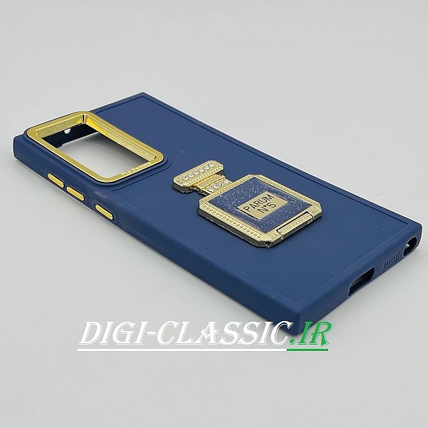 قاب گوشی S22 Ultra سامسونگ اورجینال لاکچری PRO CAMERA طرح سیلیکونی محافظ متال پاپ سوکت آینه ای نگین دار داخل مخمل محافظ لنز دار رنگ آبی تیره کد 3