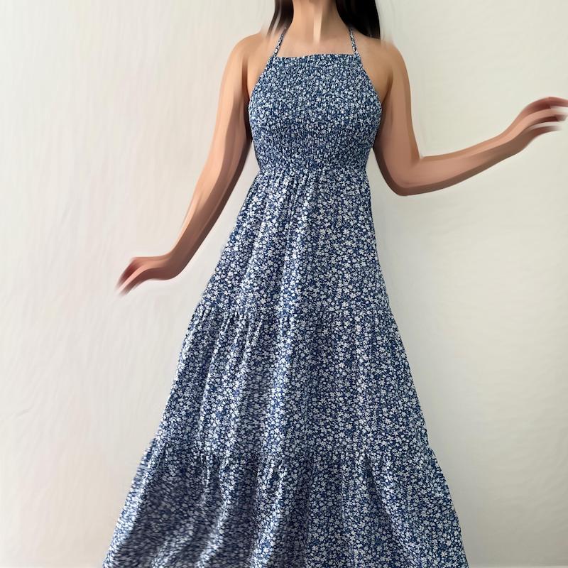 پیراهن ساحلی گل ریز بالاتنه کش دوزی کد 1294