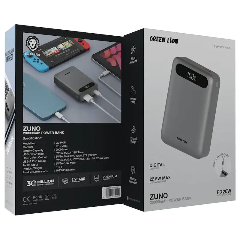 پاوربانک Zuno ظرفیت 20000 میلی آمپری گرین لاین