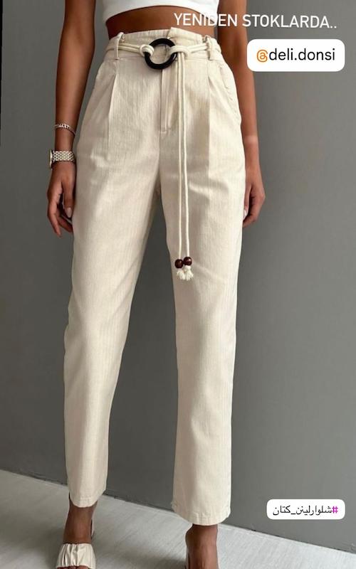 شلوار لینن کتان مام استایل کمربندی چوبی 