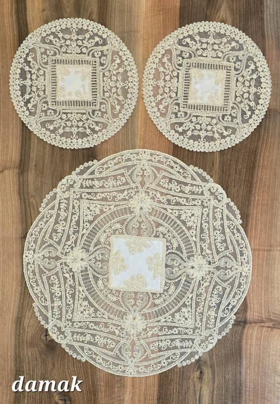 رومیزی ۳ تکه گرد مخمل دانتل الیزه مدل داماک