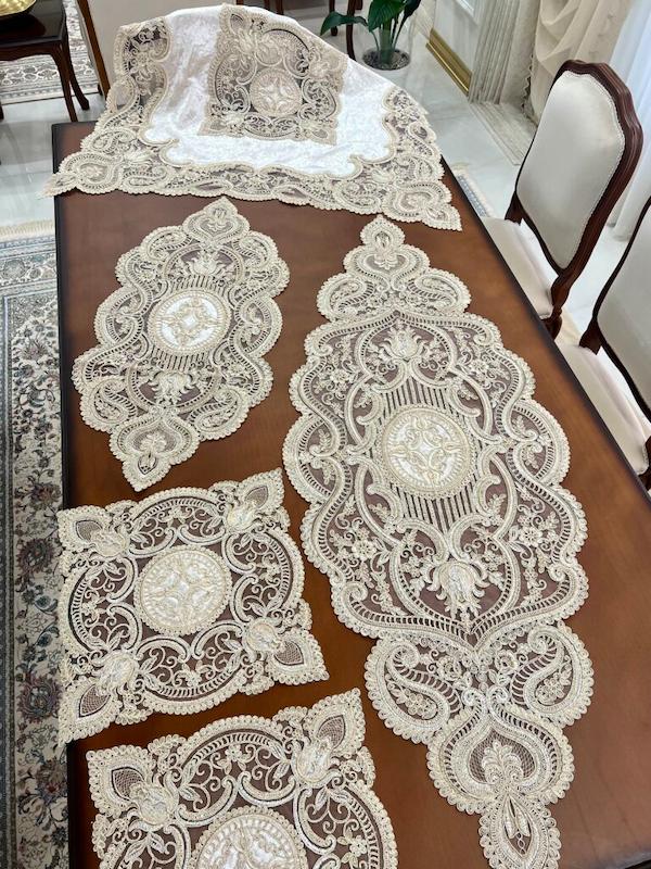 رومیزی دانتل مخمل الیزه ترک ۵ تکه مدل امپریال