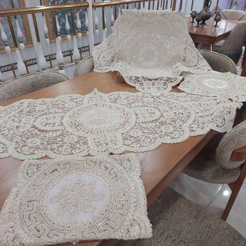 رومیزی دانتل مخمل الیزه ترک ۵ تکه ورساچه 