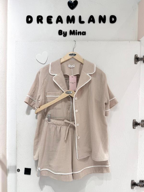 بلیز استین کوتاه و شلوارک مغزی دوزی توپی وال نسکافه ای