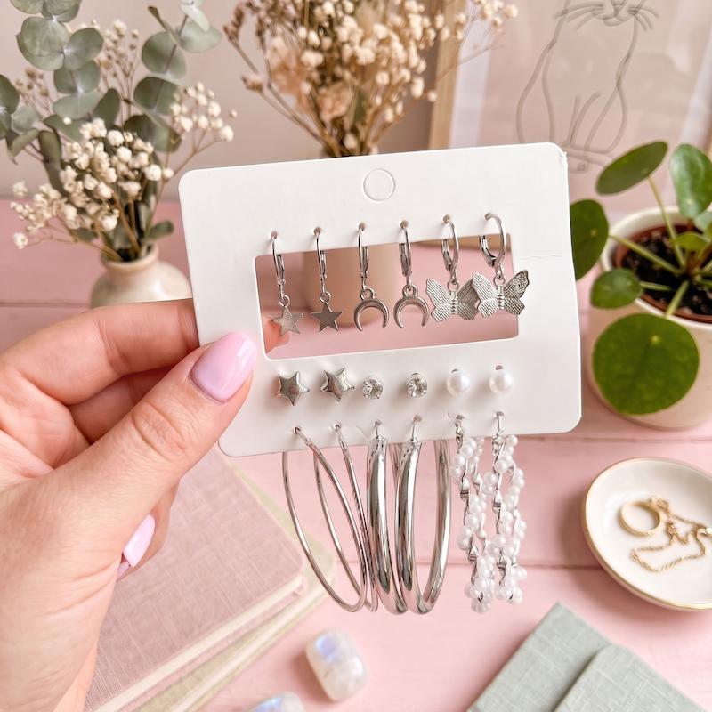 پک گوشواره ترند نقره ای مروارید پیچی