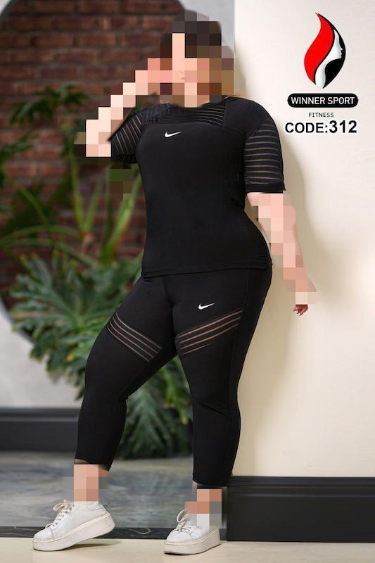 تیشرت شلوار ورزشی سایز بزرگ زنانه مشکی تور راه راه آندر و نایک 