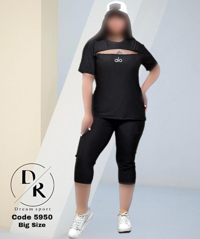 ست تیشرت توری و شلوار برمودا alo سایز بزرگ زنانه رنگ مشکی