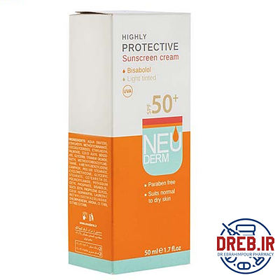 کرم ضدآفتاب نئودرم، با SPF50، مدل Highly Protective، محافظ UVA، حجم 50 میلی‌لیتر