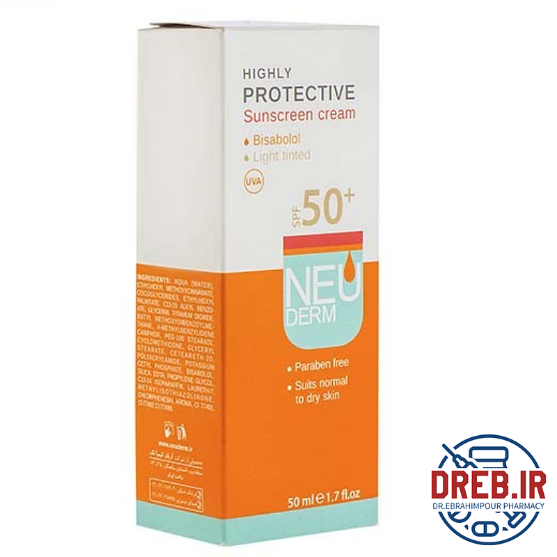 کرم ضدآفتاب نئودرم، با SPF50، مدل Highly Protective، محافظ UVA، حجم 50 میلی‌لیتر