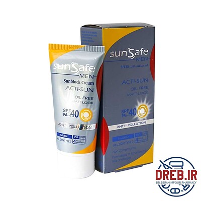 کرم ضد آفتاب فاقد چربی spf40 آقایان سان سیف مناسب برای انواع پوست 50 گرم _ Sunsafe Acti Sun spf40 Oil free For Men 50 g