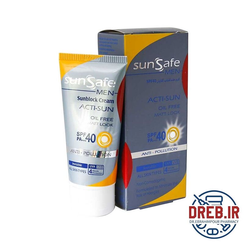 کرم ضد آفتاب فاقد چربی spf40 آقایان سان سیف مناسب برای انواع پوست 50 گرم _ Sunsafe Acti Sun spf40 Oil free For Men 50 g