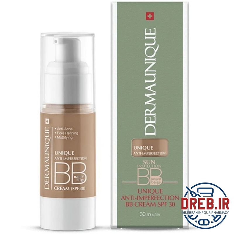 بی بی کرم رنگی پوست چرب درمایونیک بژ طبیعی 30 میلی لیتری _ Dermaunique Anti Imperfection BB Cream Natural Beige