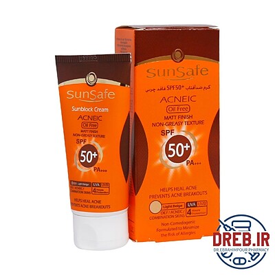 کرم ضد آفتاب SPF50 فاقد چربی سان سیف مناسب پوست های چرب و آکنه ای ۵۰ میلی لیتر - Sunsafe Sunsblock Cream SPF50+ Acneic Oil Free 50 ml