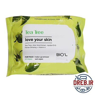 دستمال مرطوب پاک کننده آرایش حاوی عصاره درخت چای بیول 20 عدد _ Biol Tea Tree Make Up Remover For Oily Skin 20 Wipes