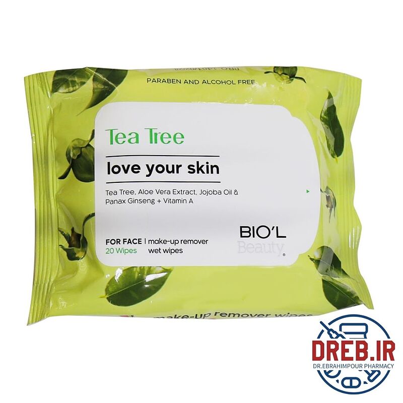 دستمال مرطوب پاک کننده آرایش حاوی عصاره درخت چای بیول 20 عدد _ Biol Tea Tree Make Up Remover For Oily Skin 20 Wipes