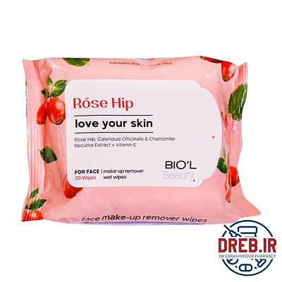 دستمال مرطوب پاک کننده آرایش صورت بیول مدل رزهیپ مناسب انواع پوست 20 عدد _ Biol Rose Hip Wipes For All skin Types 20 wipes