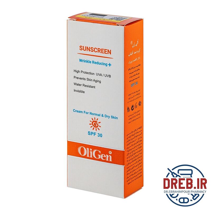 کرم ضد آفتاب و ضد چروک بی رنگ الی ژن با SPF30 مناسب پوست نرمال و خشک حجم 50 میلی لیتر - oligen normal and dry skin spf30 sunscreen cream