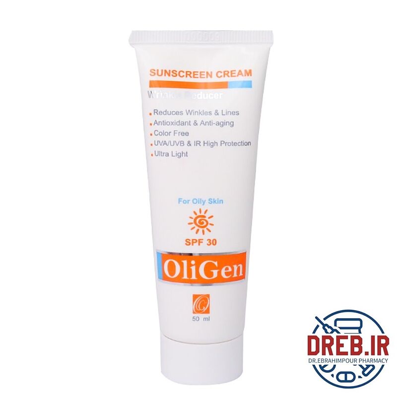 ضد آفتاب بدون رنگ الی ژن با SPF30 و خاصیت ضد چروک مناسب پوست چرب حجم 50 میلی لیتر - oligen oily skin spf30 sunscreen cream